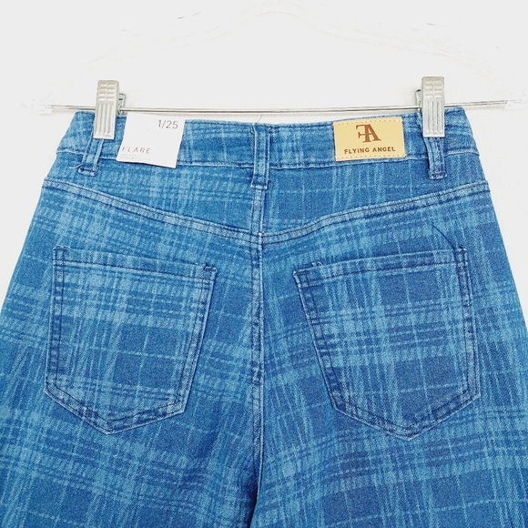 NEW Flying Angel Gogo Plaid High Waist Flare Leg Jeans In Plaid P1725 - Picture 5 of 10